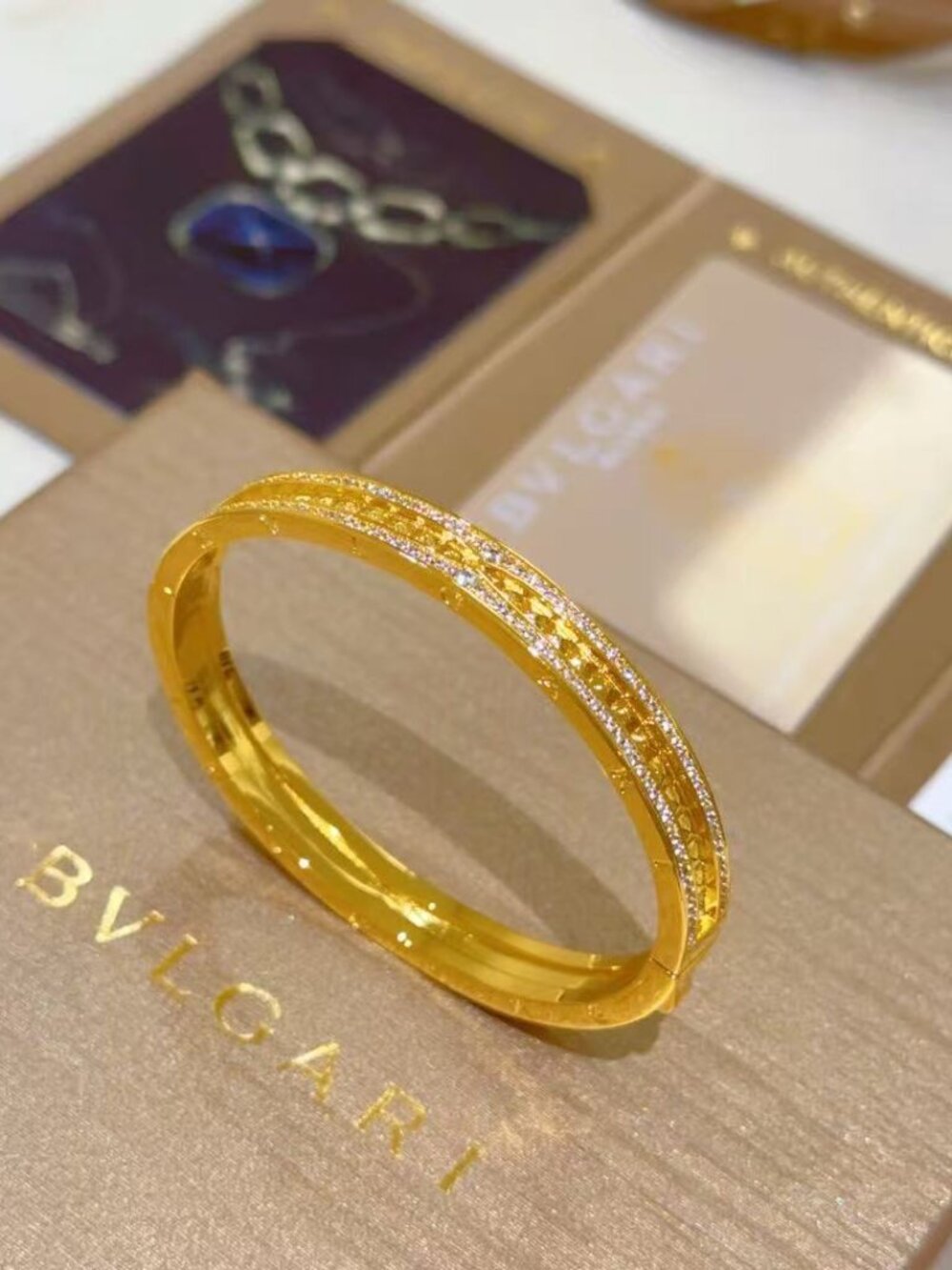 Bulgari Luxury Gold Tone Pave Bangle Bracelet